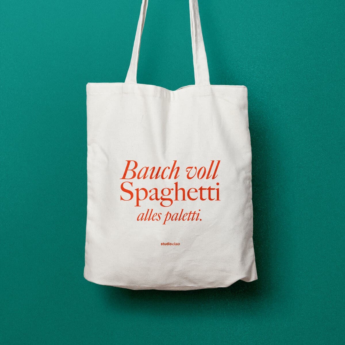 Jutebeutel mit Aufdruck "Bauch voll Spaghetti alles paletti.
